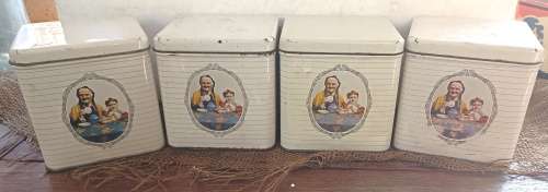 4 vintage White `Mazawattee Tea 1 Lb Nett Dia. 12 cm x 11.5 x 11.5 cm-to per tin buy one or more