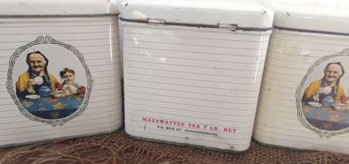 4 vintage White `Mazawattee Tea 1 Lb Nett Dia. 12 cm x 11.5 x 11.5 cm-to per tin buy one or more