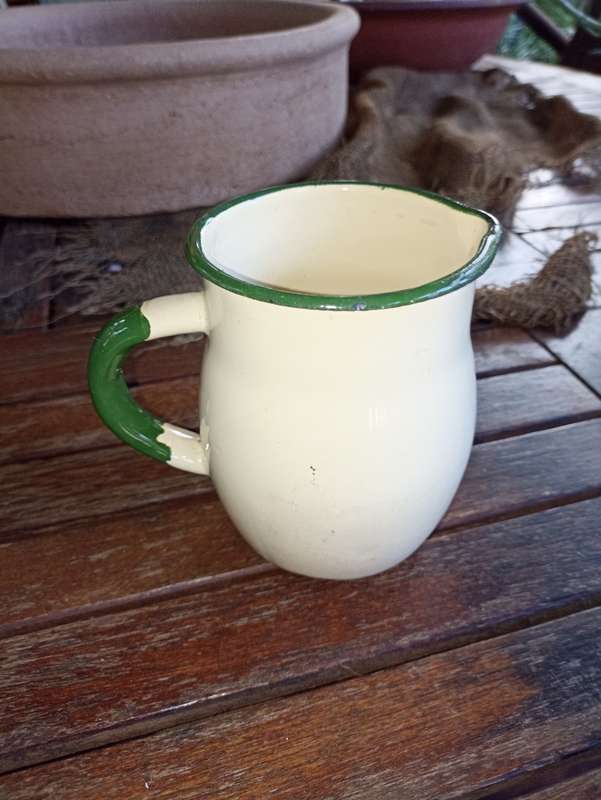 Vintage small  good quality enamel milk Jug with green trimmings-H 20 cm, BD 12.5 cm-no holes