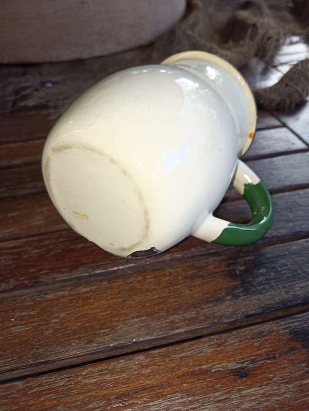 Vintage small  good quality enamel milk Jug with green trimmings-H 20 cm, BD 12.5 cm-no holes