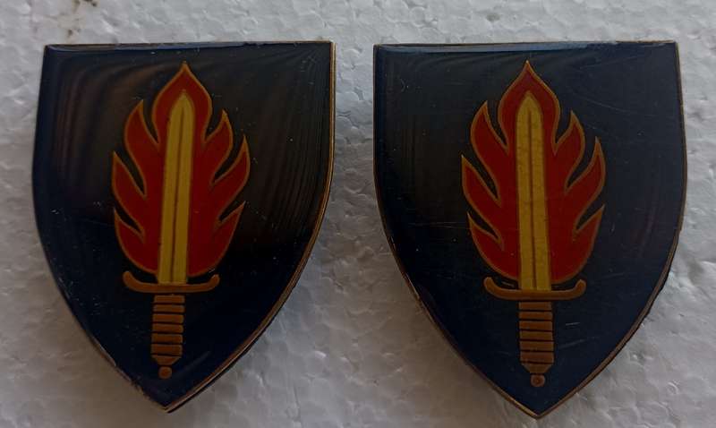 Pair of SADF 11 Commando/Intelligence School Shoulder metal Flashes with pins in good condition