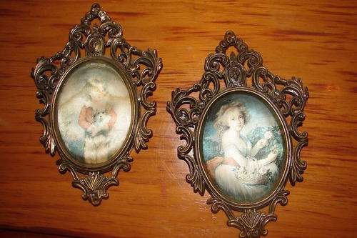 2  Italian Silk Wall Painted Pictures in cast iron frames- length 16.5 cm