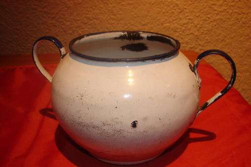 Vintage white Enamel Sugar Bowl with blue trimming -height 11cm