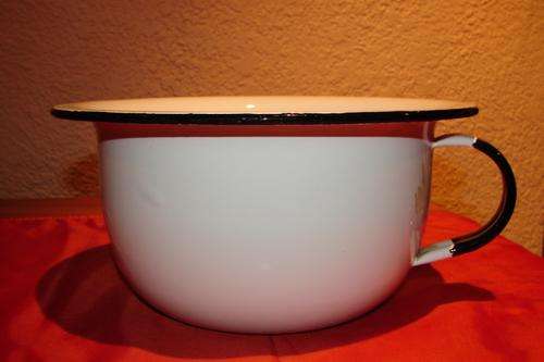 White Enamel Spitoon no 1 -with Black Rim and Handle - Height 12cm - Diameter 23cm