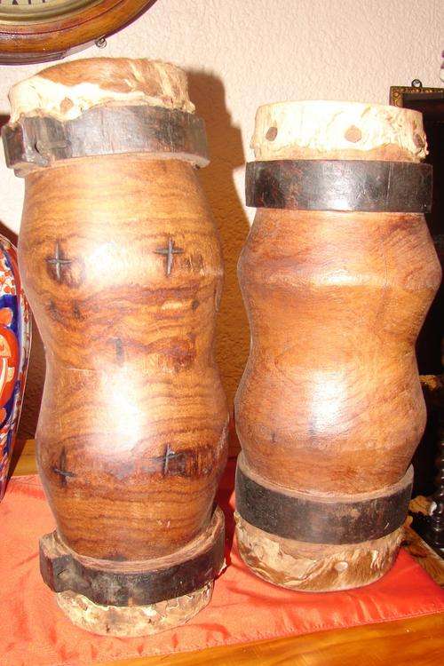 Two big Africa drums carved from wood with animal skin-Height 43cm & Dia. 17cm