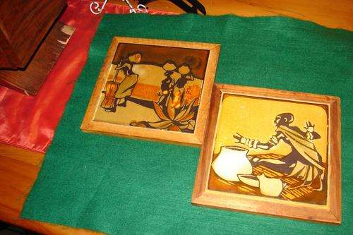 Two Vintage Beautiful Wooden Framed Liebermann Pottery Tiles"Bantu Folklore"