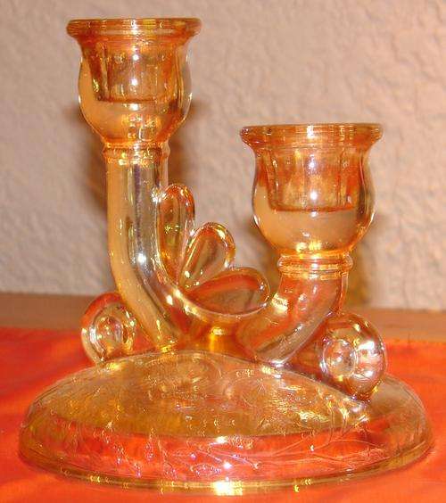 Beautiful Carnival Glass(Marigold) Candle Holder-H 14cm and base w 13.5cm-Good cond. no chips/cracks