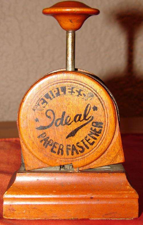 Antique 1910`s Ideal Clipless Paper Fastnener -Steel mechanism/wooden body-marked