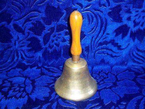 Vintage solid brass school bell with wooden handle - loud and clear