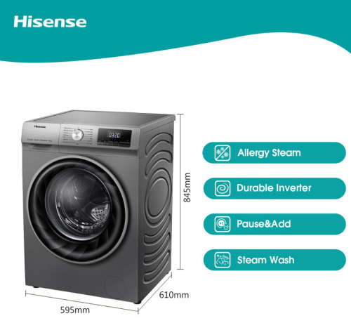 Hisense 10Kg Front Load Washing Machine with Allergy Steam-Titanium Silver
