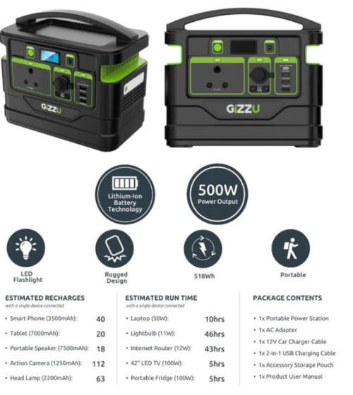Gizzu 500wh portable power station