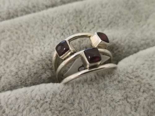 Silver Triple Band Garnet Ring