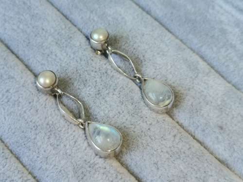 Silver Pearl and Moonstone Earrings