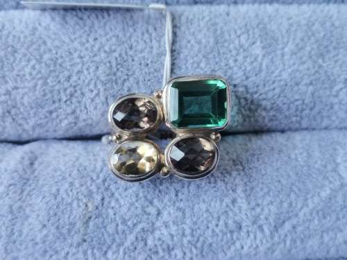 Discount!! Silver Smokey Quartz, Citrine and Fluorite Ring