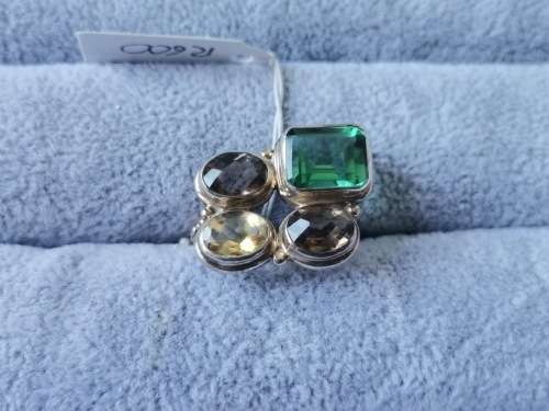 Discount!! Silver Smokey Quartz, Citrine and Fluorite Ring