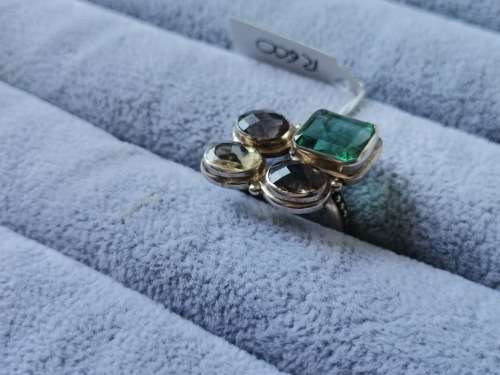 Discount!! Silver Smokey Quartz, Citrine and Fluorite Ring