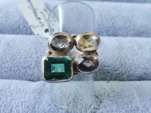 Discount!! Silver Smokey Quartz, Citrine and Fluorite Ring