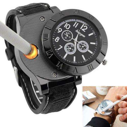 Men's Watch Cigarette Lighter with USB Rechargeable Windproof Flame-less Lighter