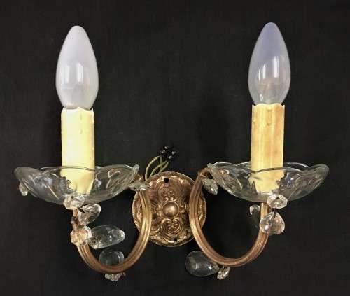 Pair of Vintage Brass Wall-mount Chandeliers with Crystal Trim