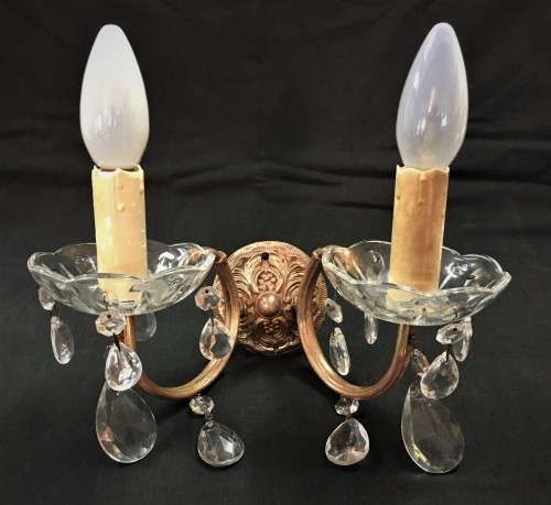 Pair of Vintage Brass Wall-mount Chandeliers with Crystal Trim