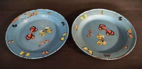 Pair of Vintage Enamel-Decorated Tin Plates