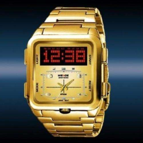 WEIDE Men's Trendy Dual Time Scrolling LED Digital Analog Quartz Wrist Watch - Gold