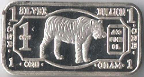 1 gram .999 Fine Silver Bullion Bar: Animal Series - Tiger