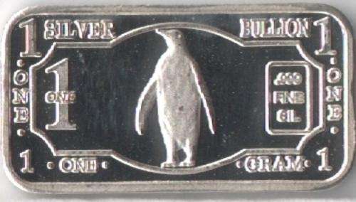 1 gram .999 Fine Silver Bullion Bar: Animal Series - Penquin