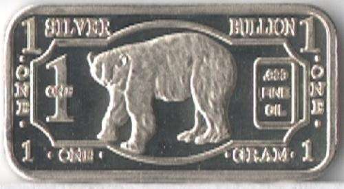 1 gram .999 Fine Silver Bar :  Polar Bear Animal Series