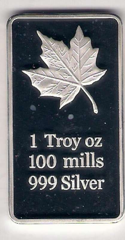1 Troy oz .999 Silver Bar : Canadian Maple Leaf : 100 Mills