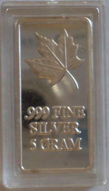 5 grams .999 Fine Silver Canadian Maple Leaf: Art Bullion Bar : (in capsule)
