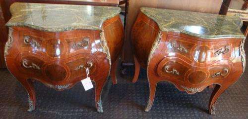 A set of, Frech Circa 1900 , Bombe Walnut Topped Commodes.