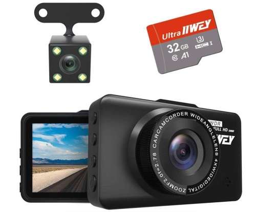 3 IPS Front Screen Dash Cam + Rear Camera + SD Card, DVR Motion Detection