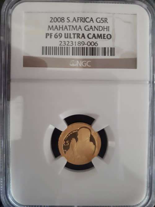 2008 One Tenth oz (R 5 ) Gold Protea Mahatma Gandhi Ultra Cameo PF69