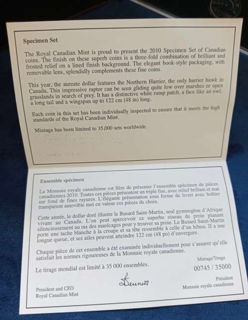 Royal Canadian Mint 2010 Specimen Coinage Set - Northern Harrier the only Hawk in Canada