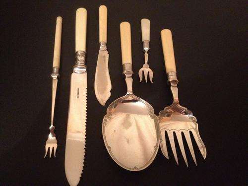 An amazing lot of Ivory and bone cutlery implements with silver rims