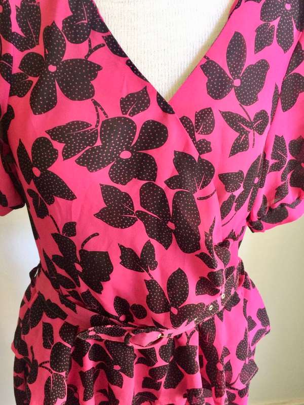##SALE##VINTAGE PINK AND BLACK FLOWERED PEPLUM DRESS  - SIZE 11 BUST 92 CM