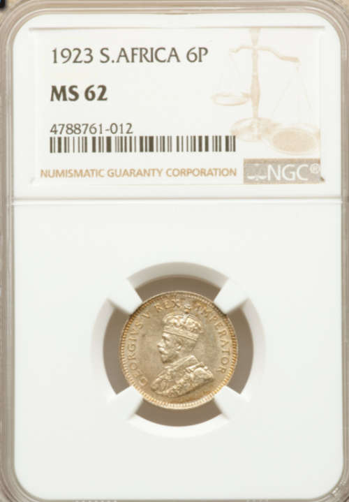 1923 South Africa 6 pence NGC MS62