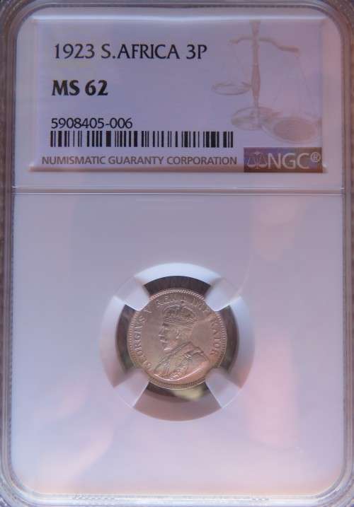 1923 South Africa 3 pence NGC MS62