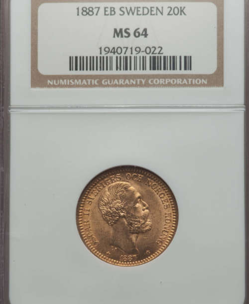 1887 Sweden Gold 20 Kronor NGC MS 64 !