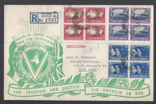 Union of SA 1945 Victory Issue in blocks of 4 on illustrated first day cover!