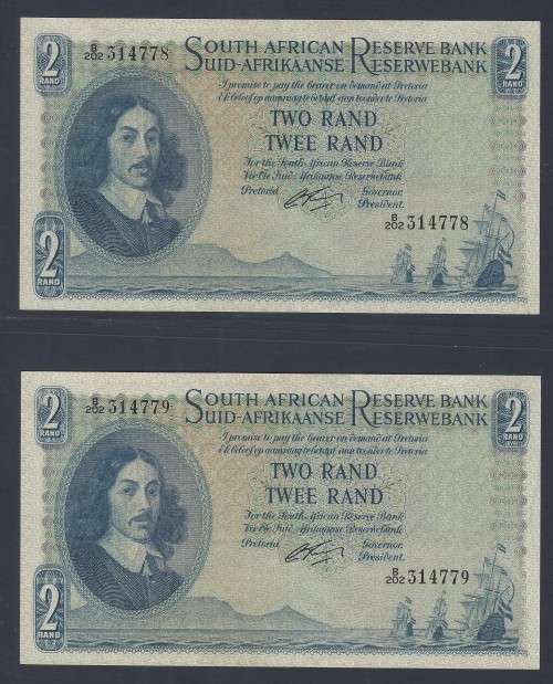 RSA 1962 G Rissik First Issue R2 notes - Two notes in sequence