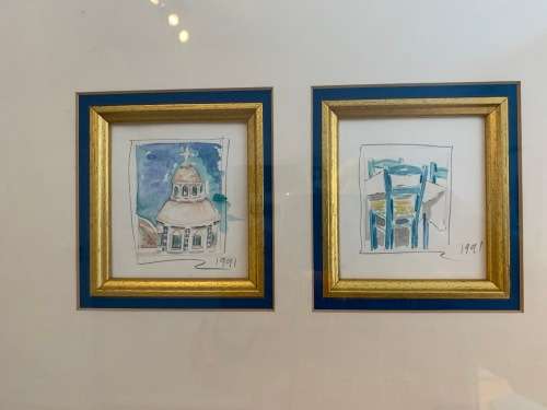 Delightful montage of Mykonos, Greece scenes in original watercolour