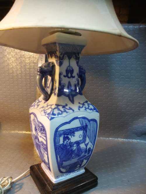 Exceptional!!! large blue and white porcelain lamp on dark wood base