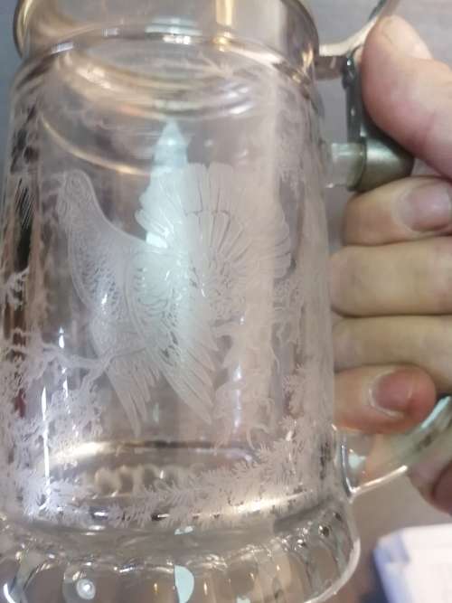 Charming West German Glass Beer Stein with Beautiful Sanblasted images