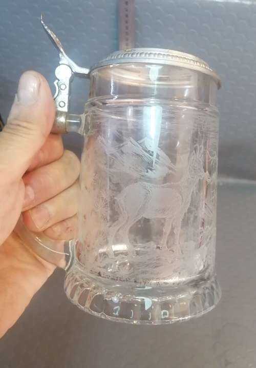Charming West German Glass Beer Stein with Beautiful Sanblasted images