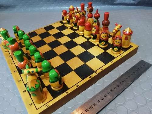Highly Collectable!!! Handmade/painted Russian Doll Wooden Chess Set