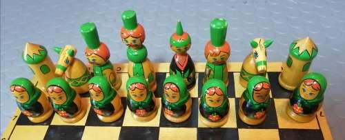 Highly Collectable!!! Handmade/painted Russian Doll Wooden Chess Set