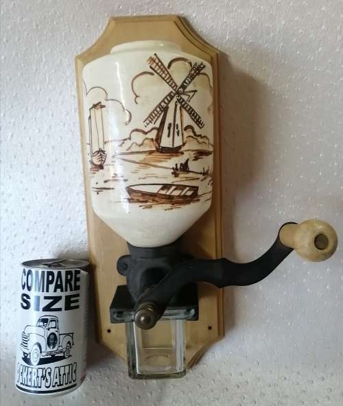 Magnificent!!! Antique Porcelain Cast Iron Wall Mount Coffee Grinder