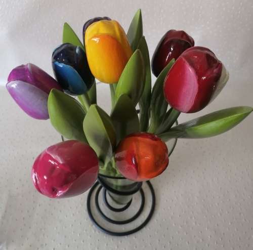 Stunning Glass and Cast Iron Vase Filled with Colourfull Wooden Flowers